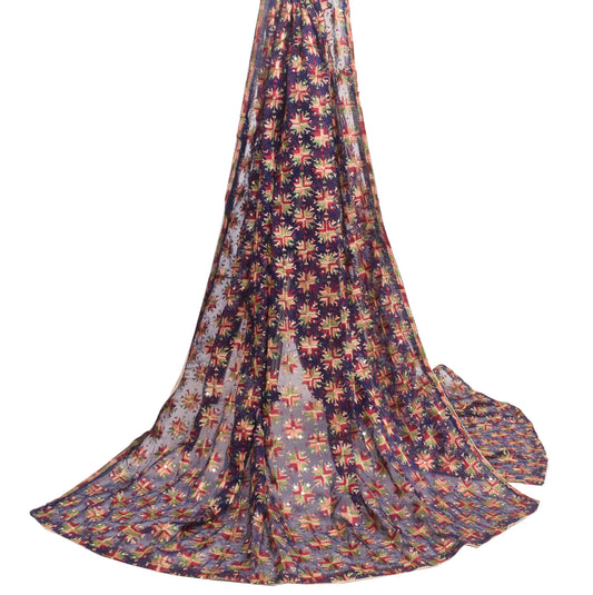Sushila Vintage Phulkari Embroidered  Dupatta Blue Chiffon Silk Long Stole Wrap