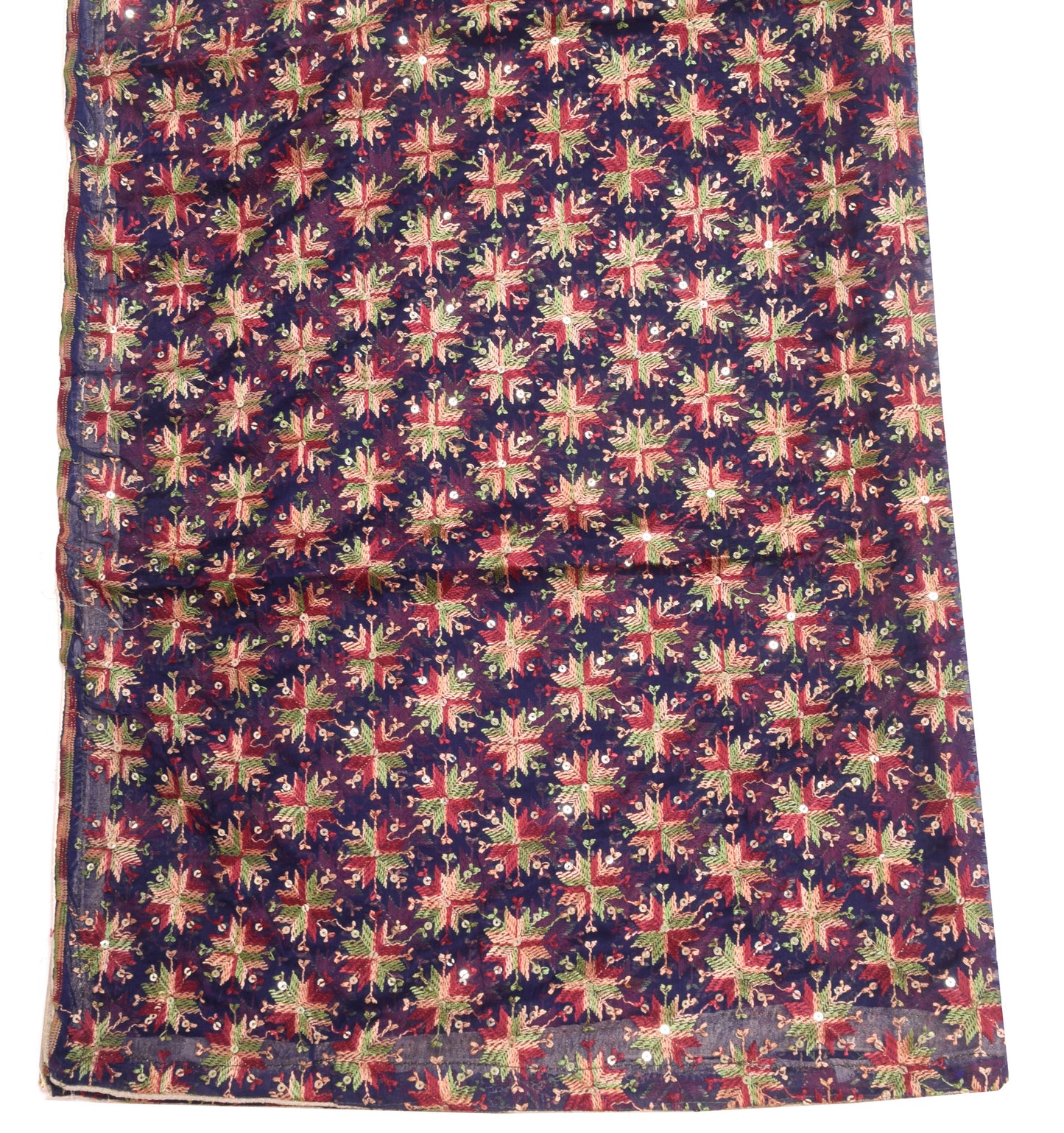 Sushila Vintage Phulkari Embroidered  Dupatta Blue Chiffon Silk Long Stole Wrap