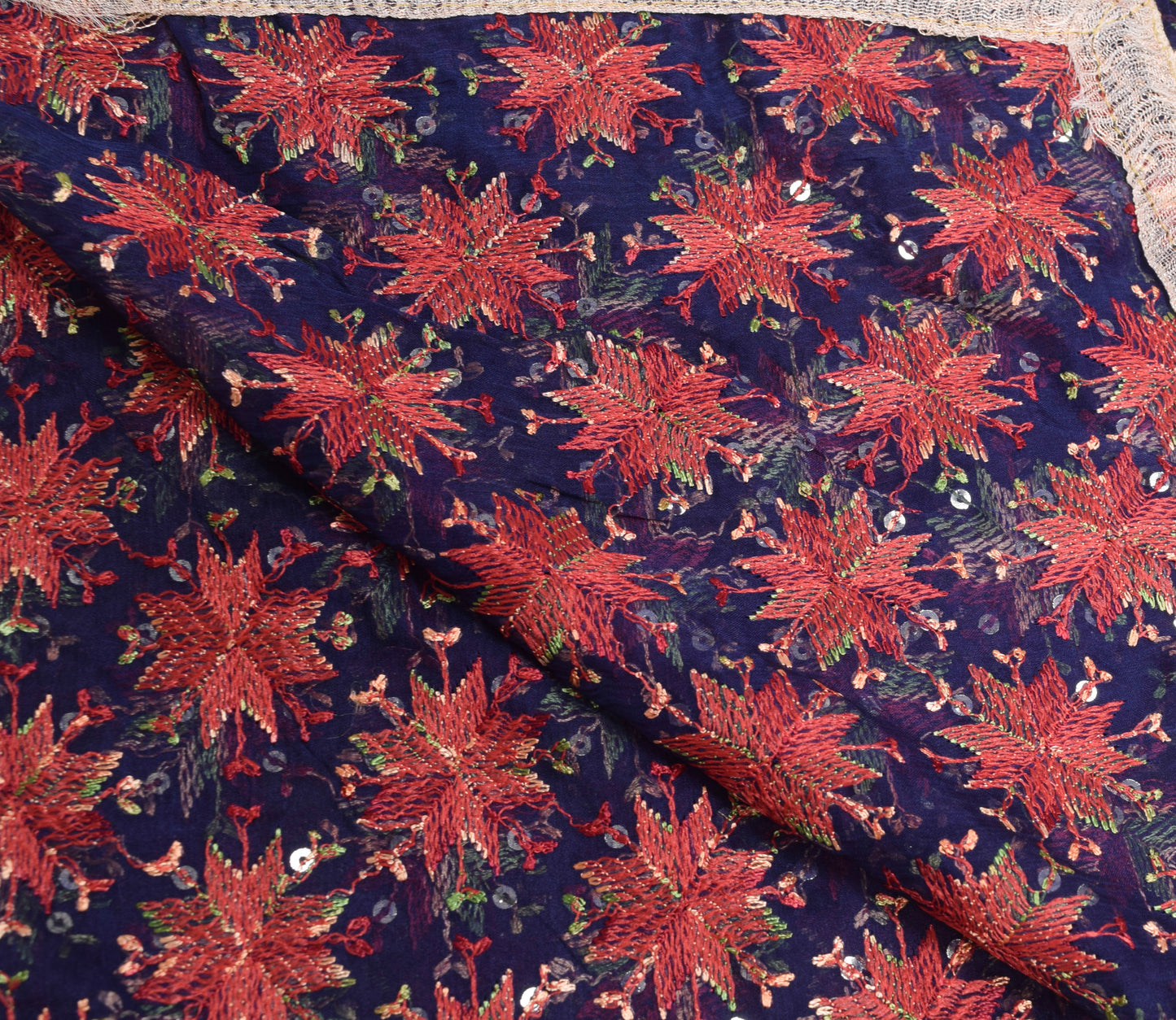 Sushila Vintage Phulkari Embroidered  Dupatta Blue Chiffon Silk Long Stole Wrap