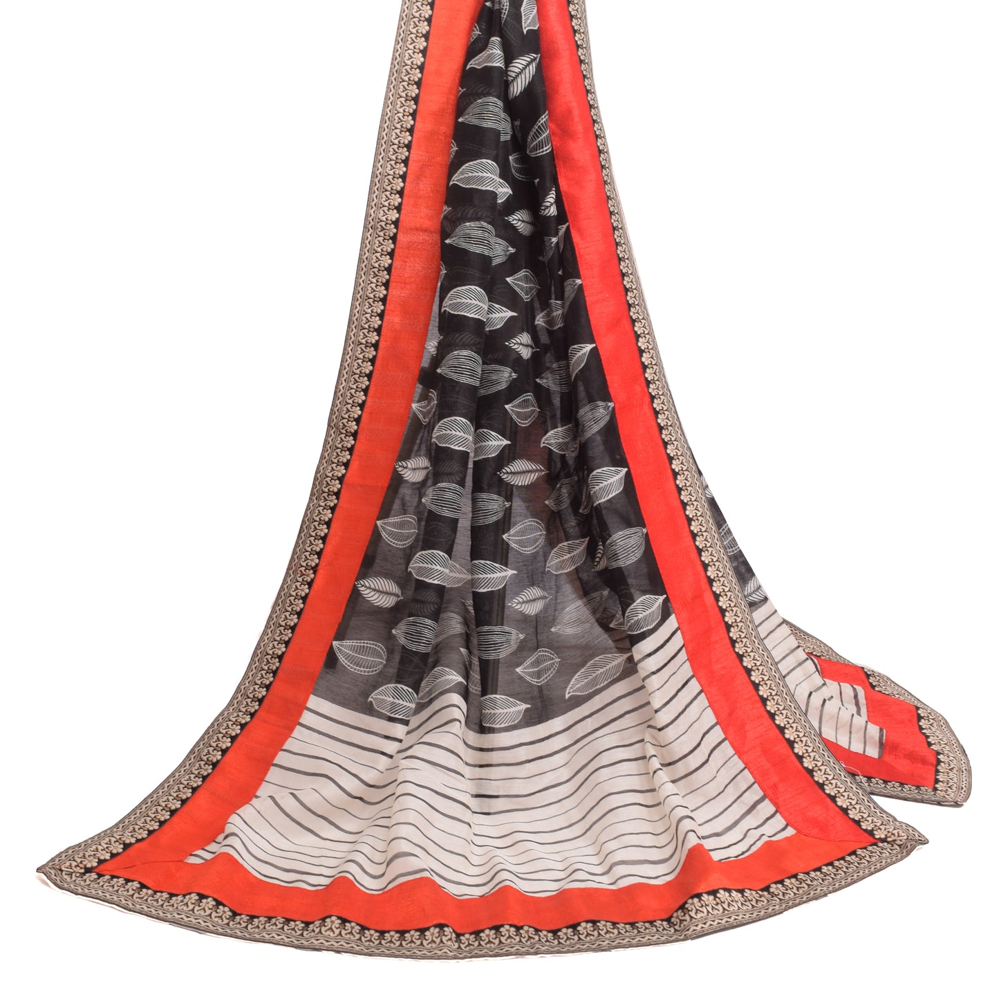 Sushila Vintage Black Floral Dupatta Art Silk Printed Patch Work Long Stole Wrap