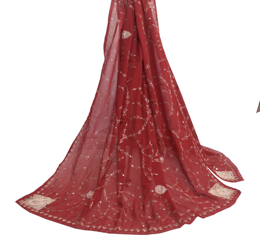 Sushila Vintage Maroon Chiffon Silk Dupatta Zari Embroidered Floral Long Stole