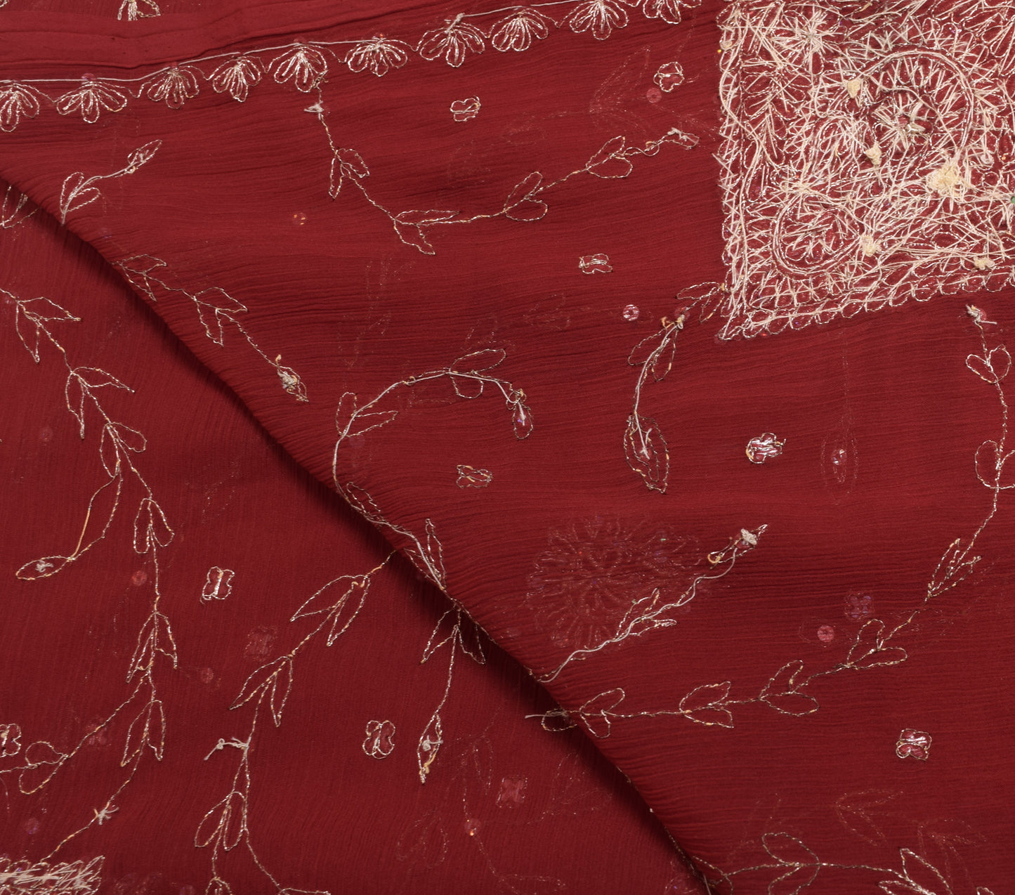 Sushila Vintage Maroon Chiffon Silk Dupatta Zari Embroidered Floral Long Stole