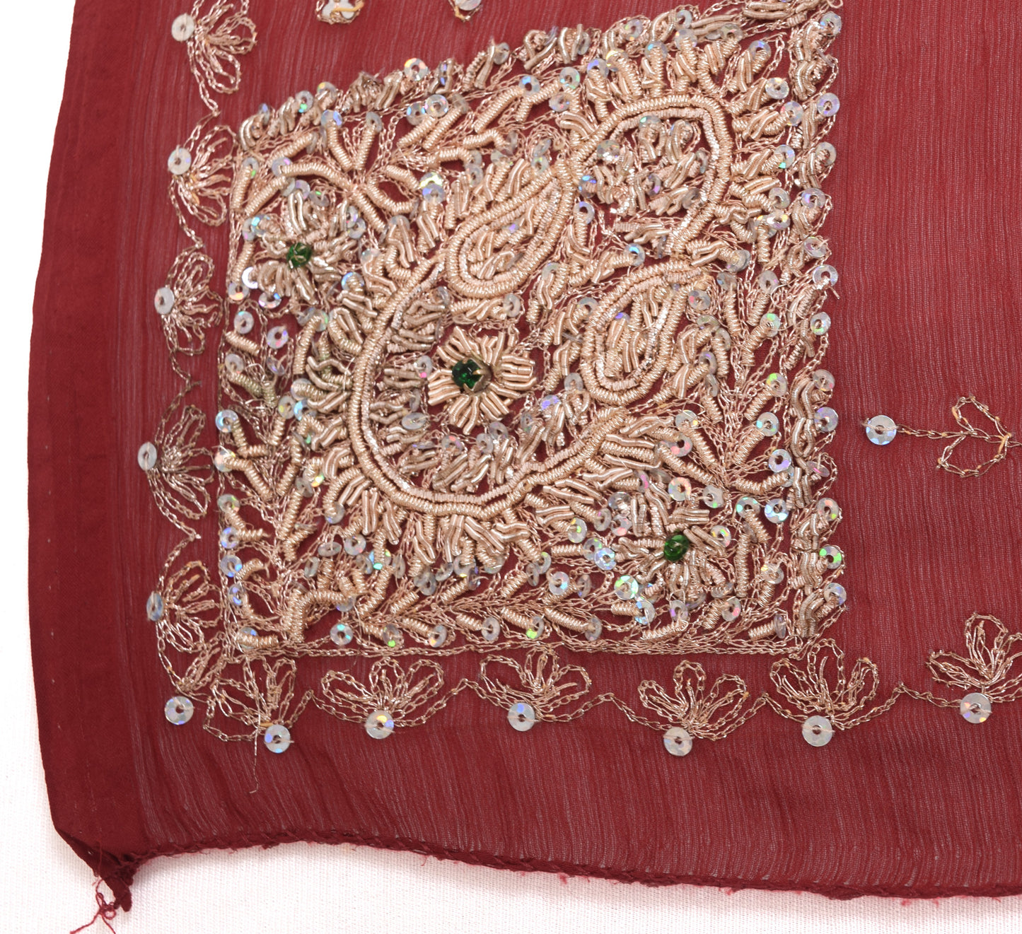 Sushila Vintage Maroon Chiffon Silk Dupatta Zari Embroidered Floral Long Stole