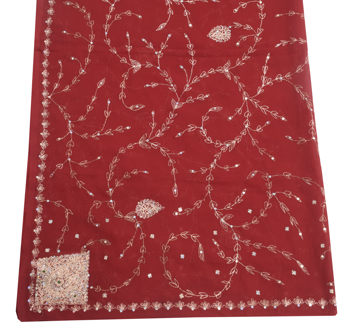 Sushila Vintage Maroon Chiffon Silk Dupatta Zari Embroidered Floral Long Stole