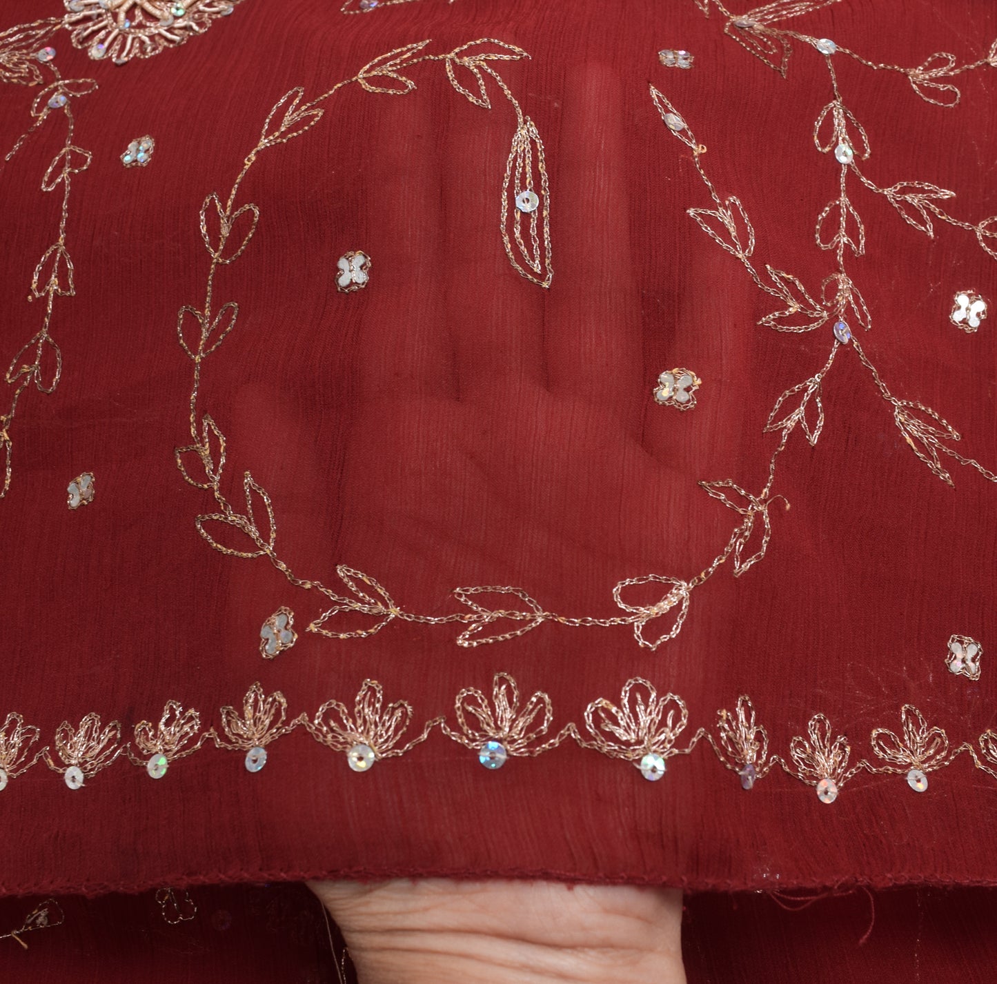 Sushila Vintage Maroon Chiffon Silk Dupatta Zari Embroidered Floral Long Stole