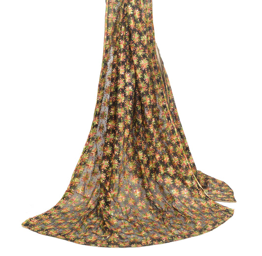 Sushila Vintage Black Dupatta Chiffon Silk Phulkari Embroidered Long Stole Wrap