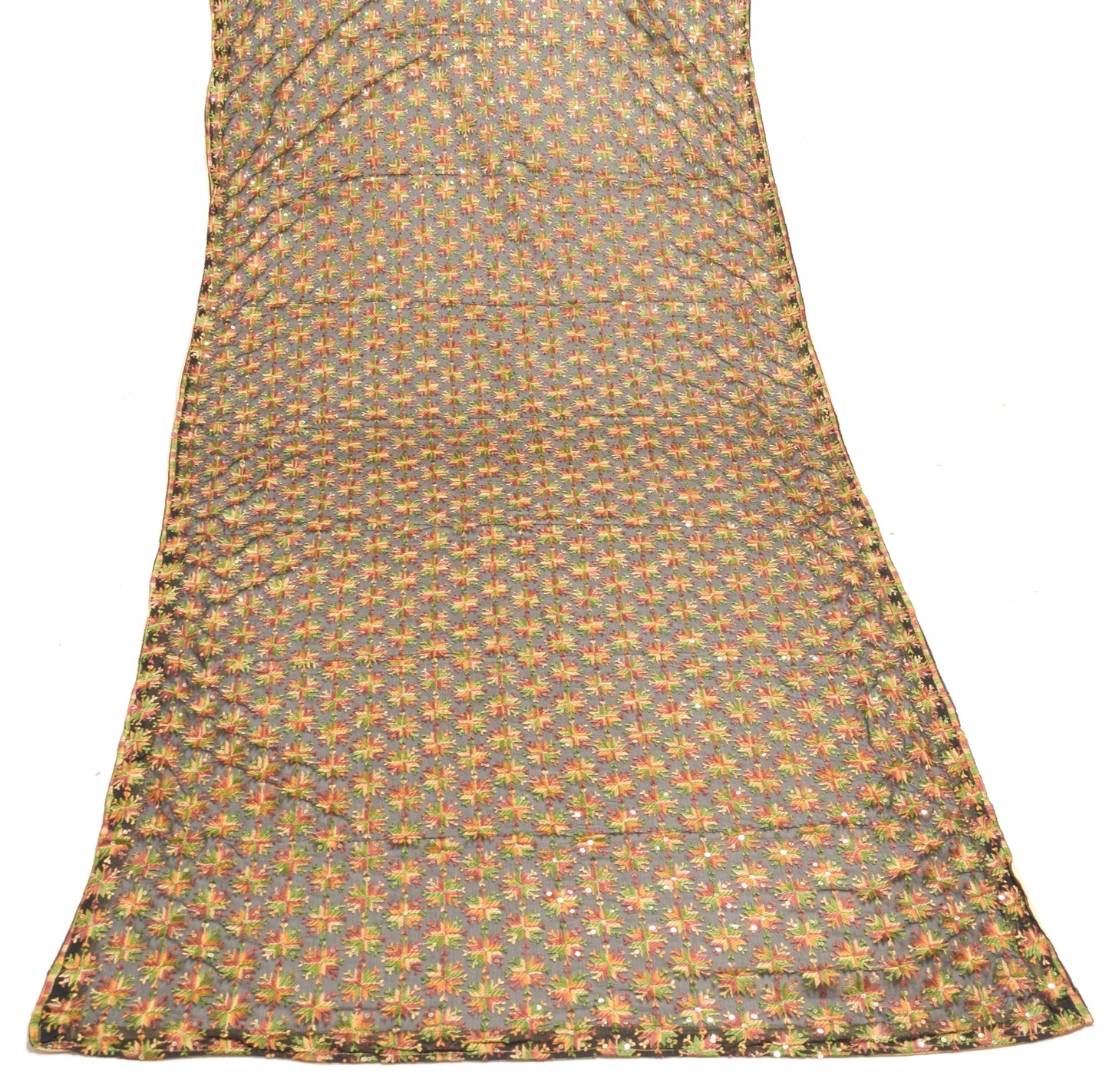 Sushila Vintage Black Dupatta Chiffon Silk Phulkari Embroidered Long Stole Wrap