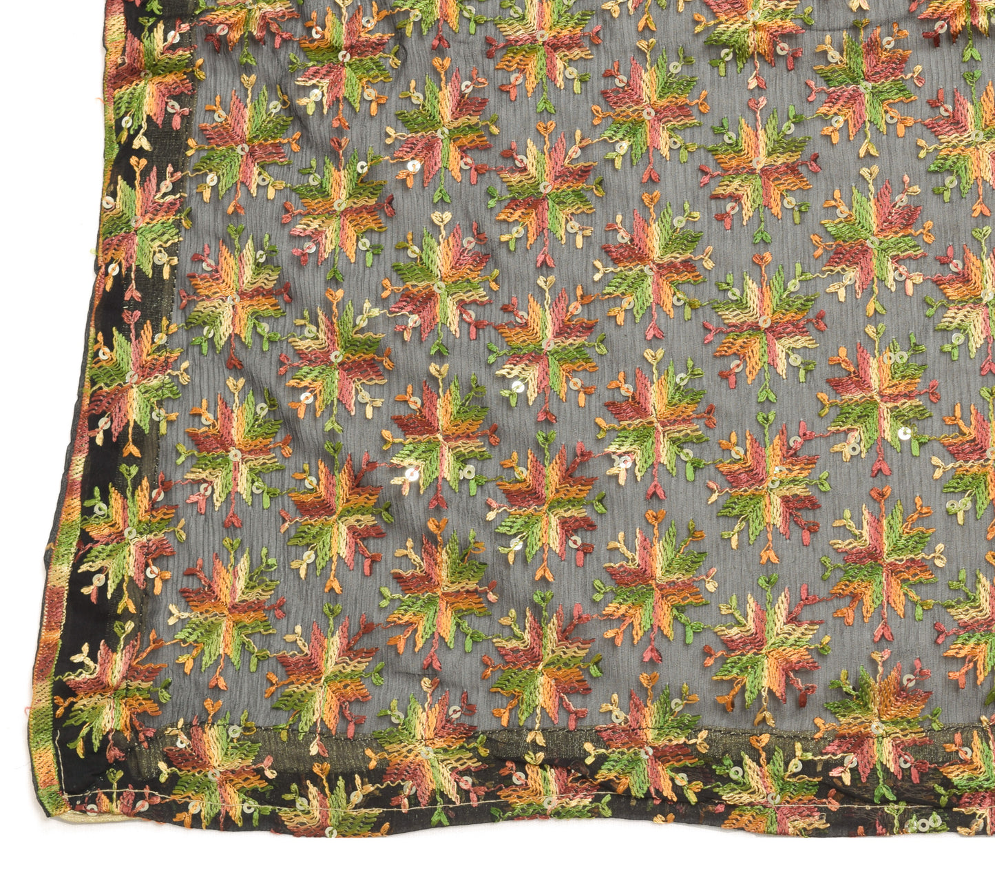 Sushila Vintage Black Dupatta Chiffon Silk Phulkari Embroidered Long Stole Wrap