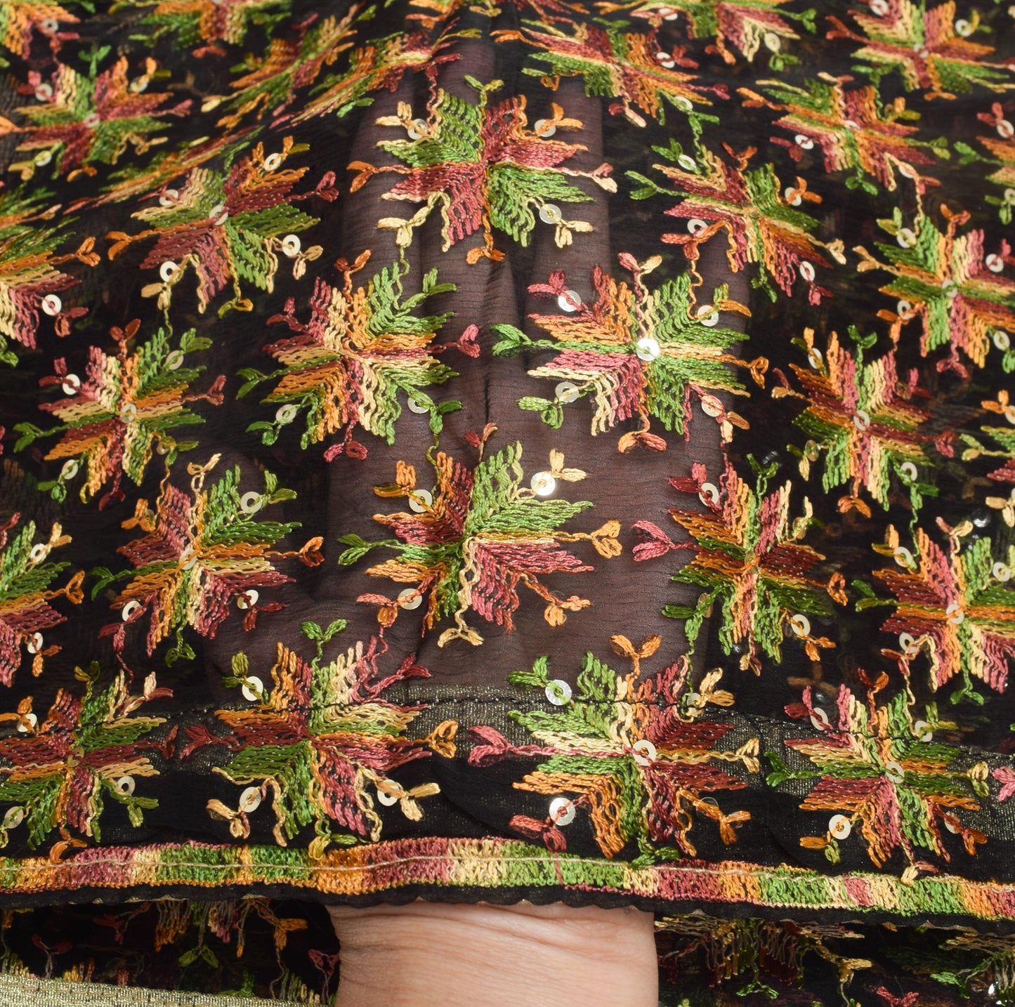 Sushila Vintage Black Dupatta Chiffon Silk Phulkari Embroidered Long Stole Wrap