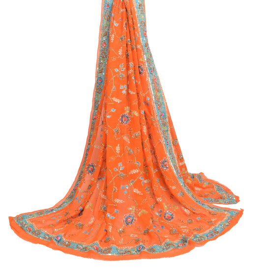Sushila Vintage Orange Heavy Dupatta Georgette Hand Beaded Floral Long Stole