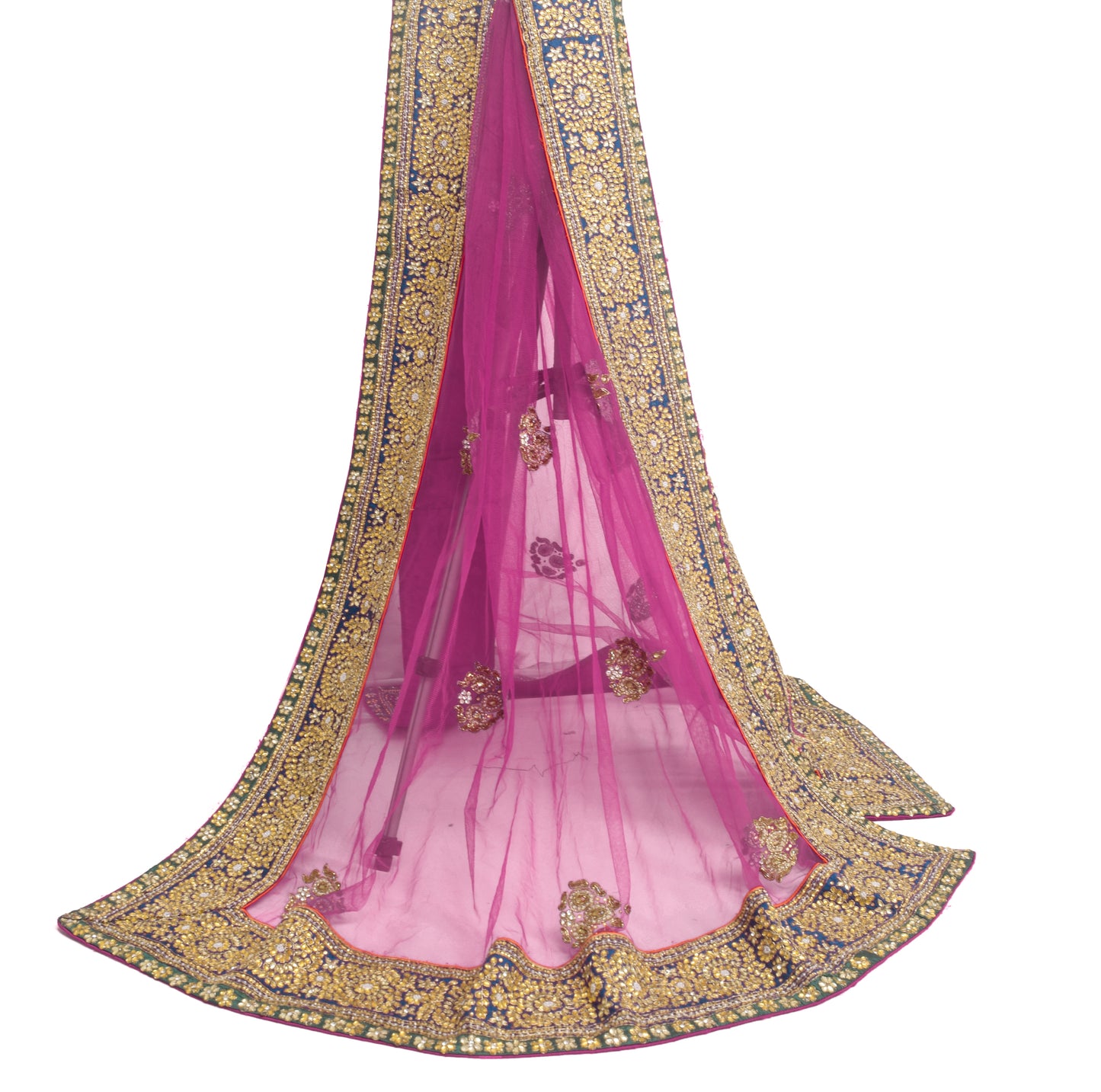 Sushila Vintage Magenta Net Mesh Heavy Dupatta Hand Beaded Floral Long Stole