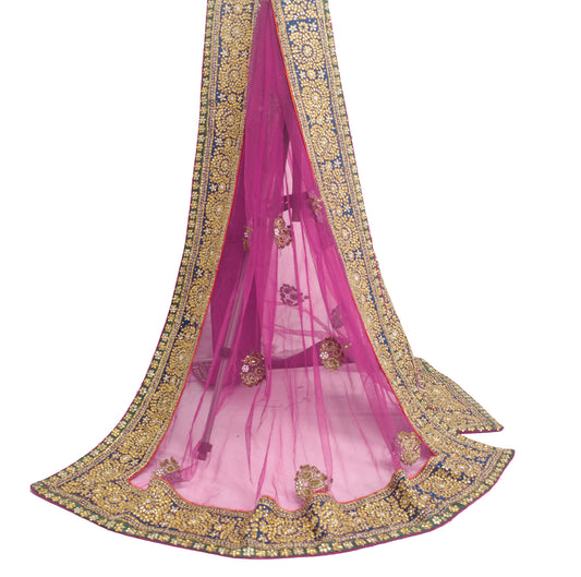 Sushila Vintage Magenta Net Mesh Heavy Dupatta Hand Beaded Floral Long Stole