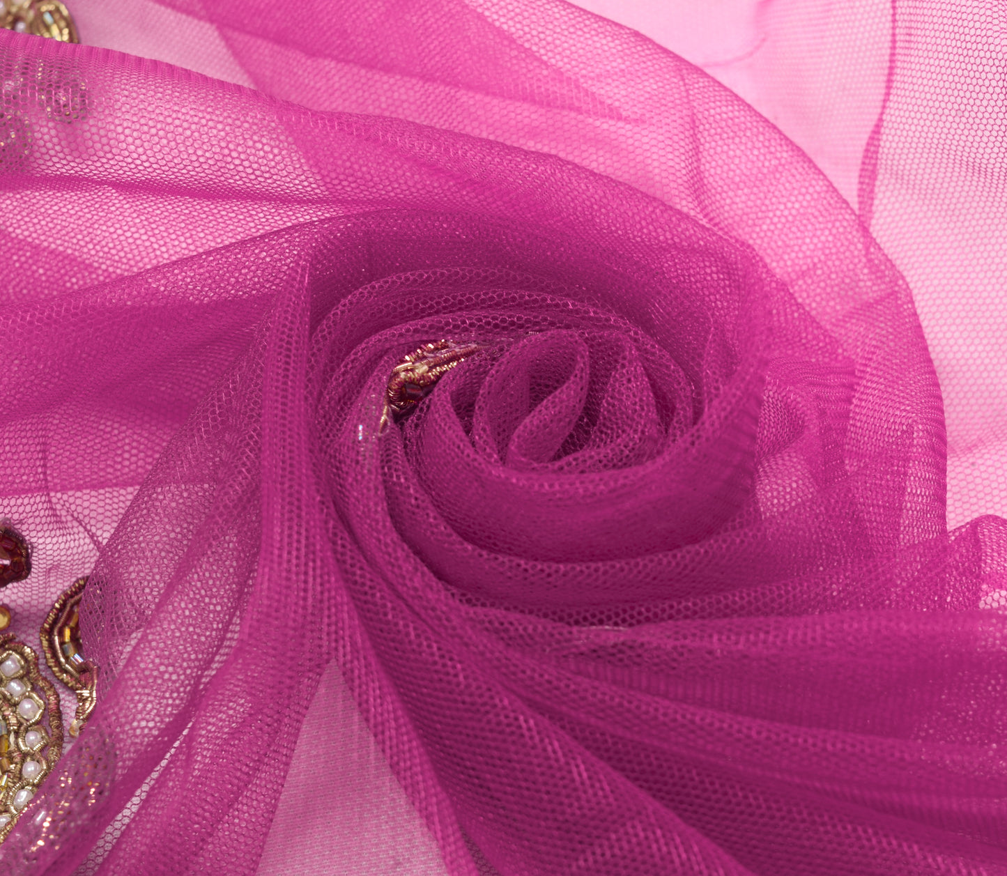 Sushila Vintage Magenta Net Mesh Heavy Dupatta Hand Beaded Floral Long Stole
