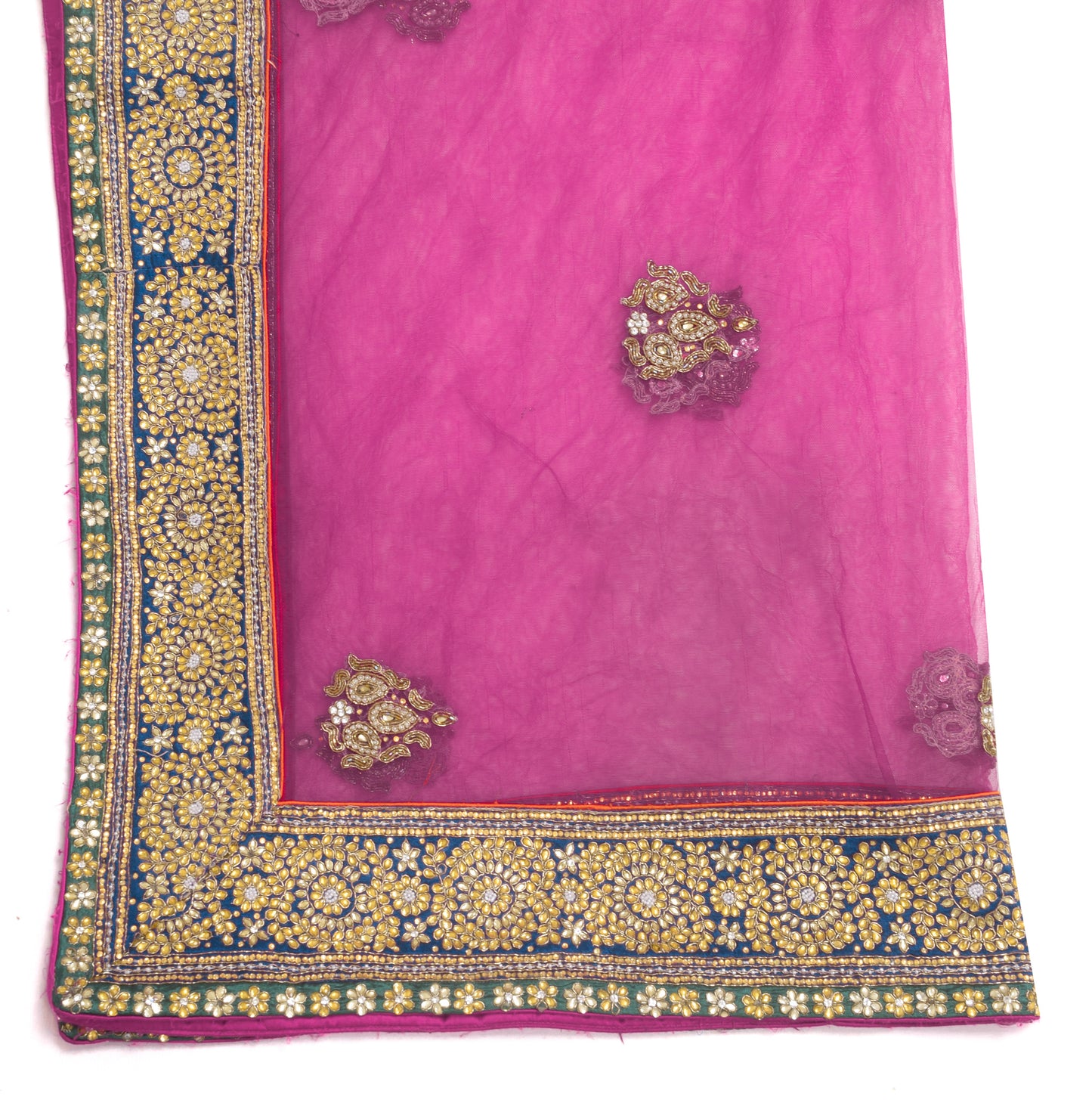 Sushila Vintage Magenta Net Mesh Heavy Dupatta Hand Beaded Floral Long Stole