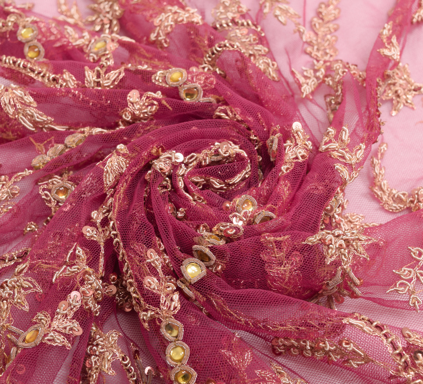 Sushila Vintage Pink Hand Beaded Heavy Dupatta Net Mesh Ethnic Floral Long Stole