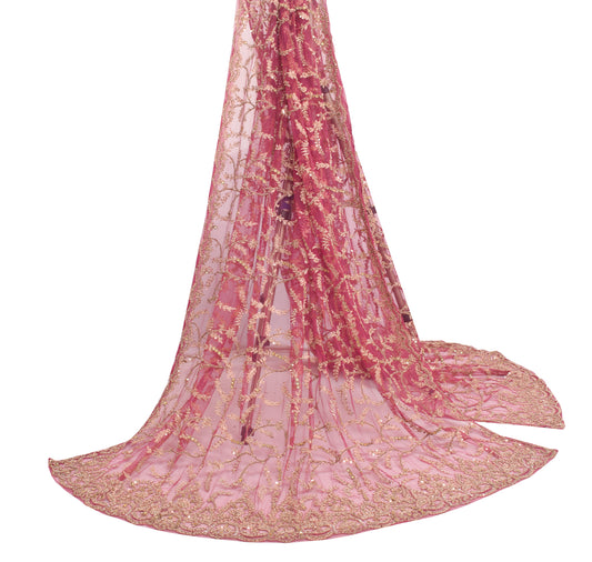 Sushila Vintage Pink Hand Beaded Heavy Dupatta Net Mesh Ethnic Floral Long Stole