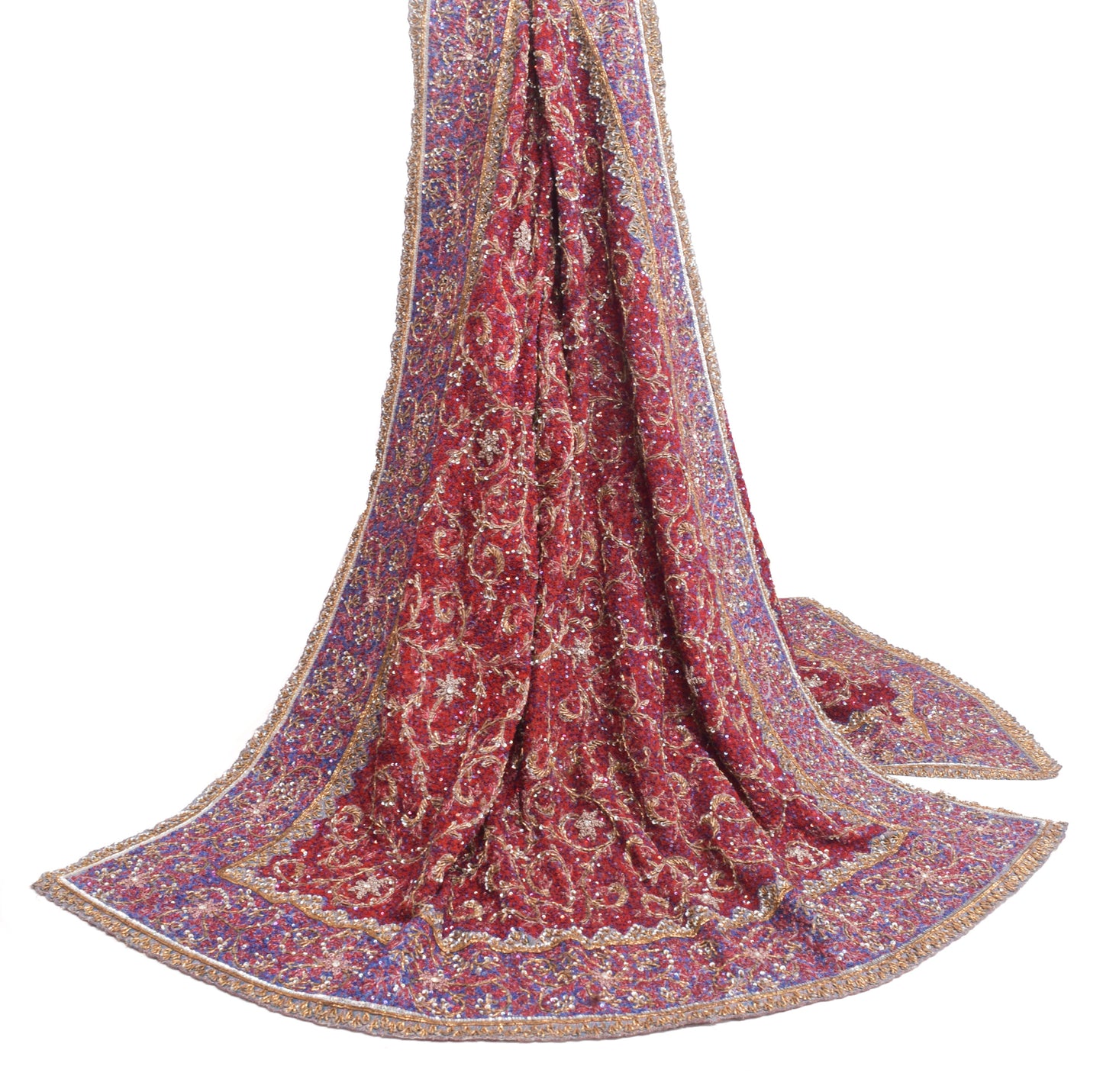 Sushila Vintage Red Sequins Embroidered Heavy Dupatta Net Mesh Floral Long Stole
