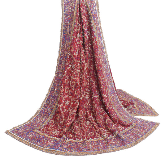 Sushila Vintage Red Sequins Embroidered Heavy Dupatta Net Mesh Floral Long Stole
