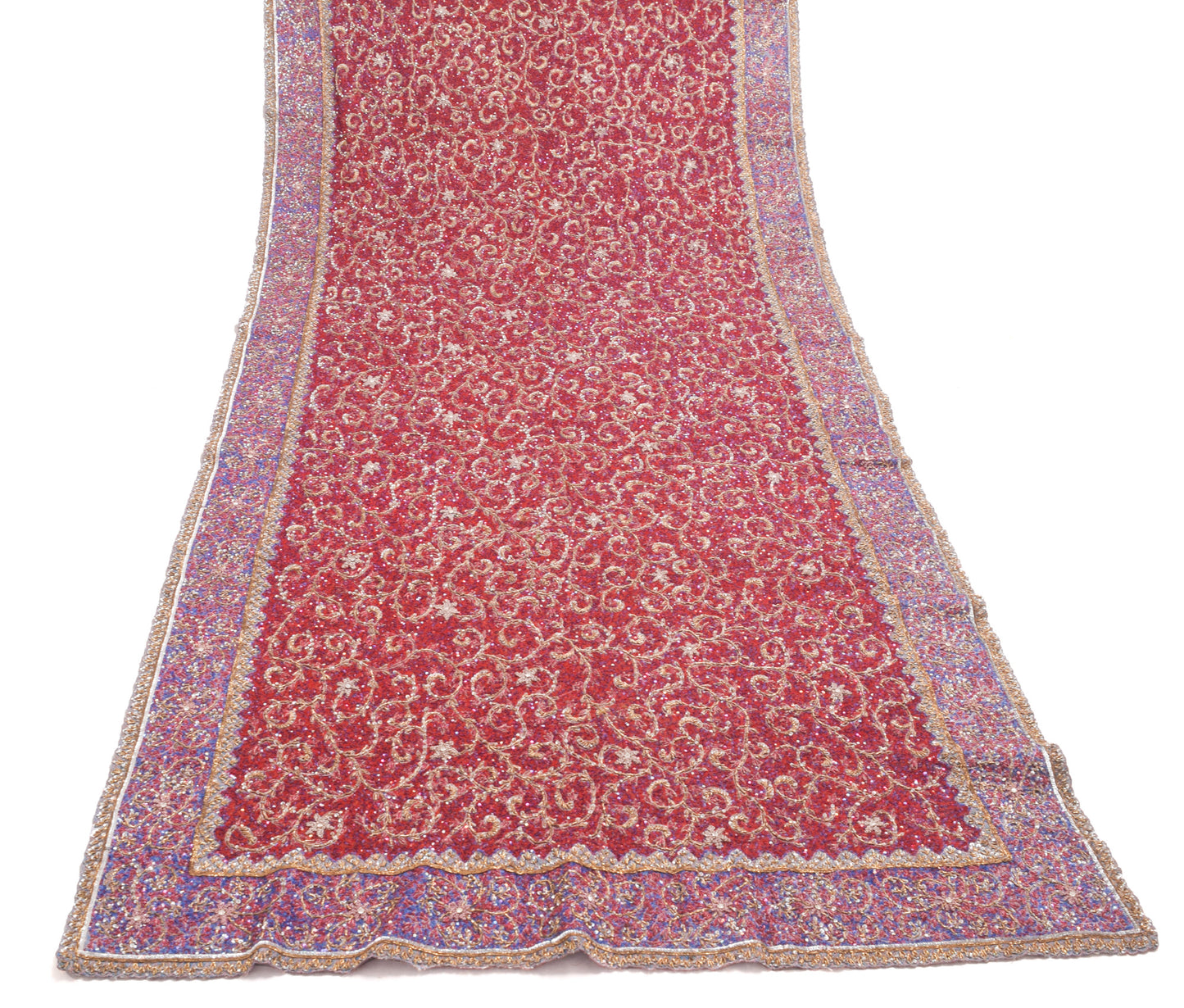 Sushila Vintage Red Sequins Embroidered Heavy Dupatta Net Mesh Floral Long Stole
