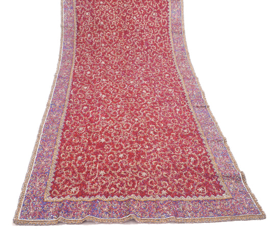 Sushila Vintage Red Sequins Embroidered Heavy Dupatta Net Mesh Floral Long Stole
