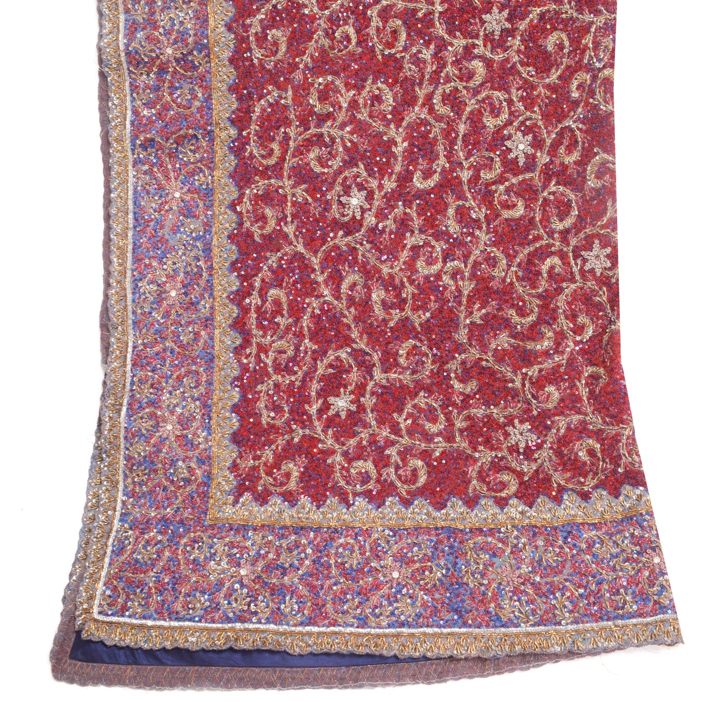Sushila Vintage Red Sequins Embroidered Heavy Dupatta Net Mesh Floral Long Stole