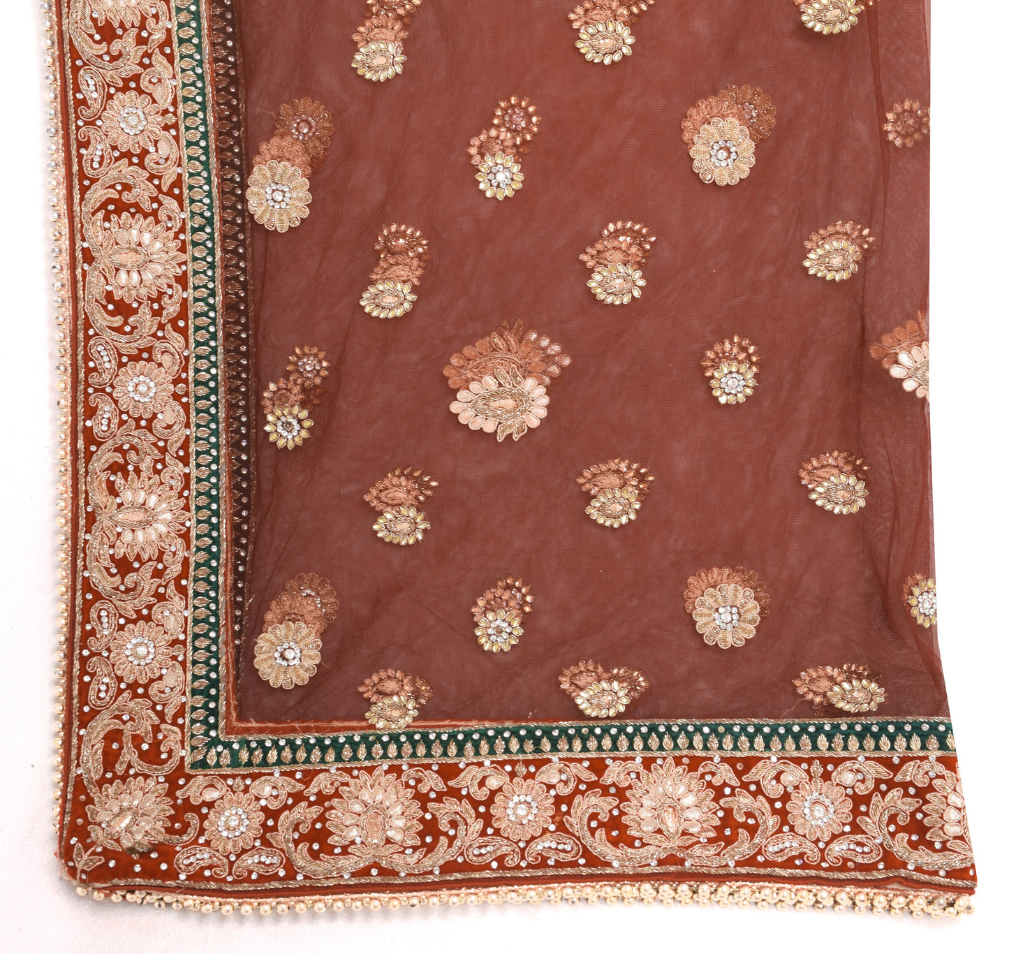 Sushila Vintage Dark Brown Net Heavy Dupatta Hand Beaded Gotta Patti Long Stole