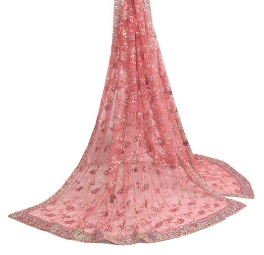 Sushila Vintage Pink Floral Heavy Dupatta Net Mesh Hand Beaded Long Stole Wrap