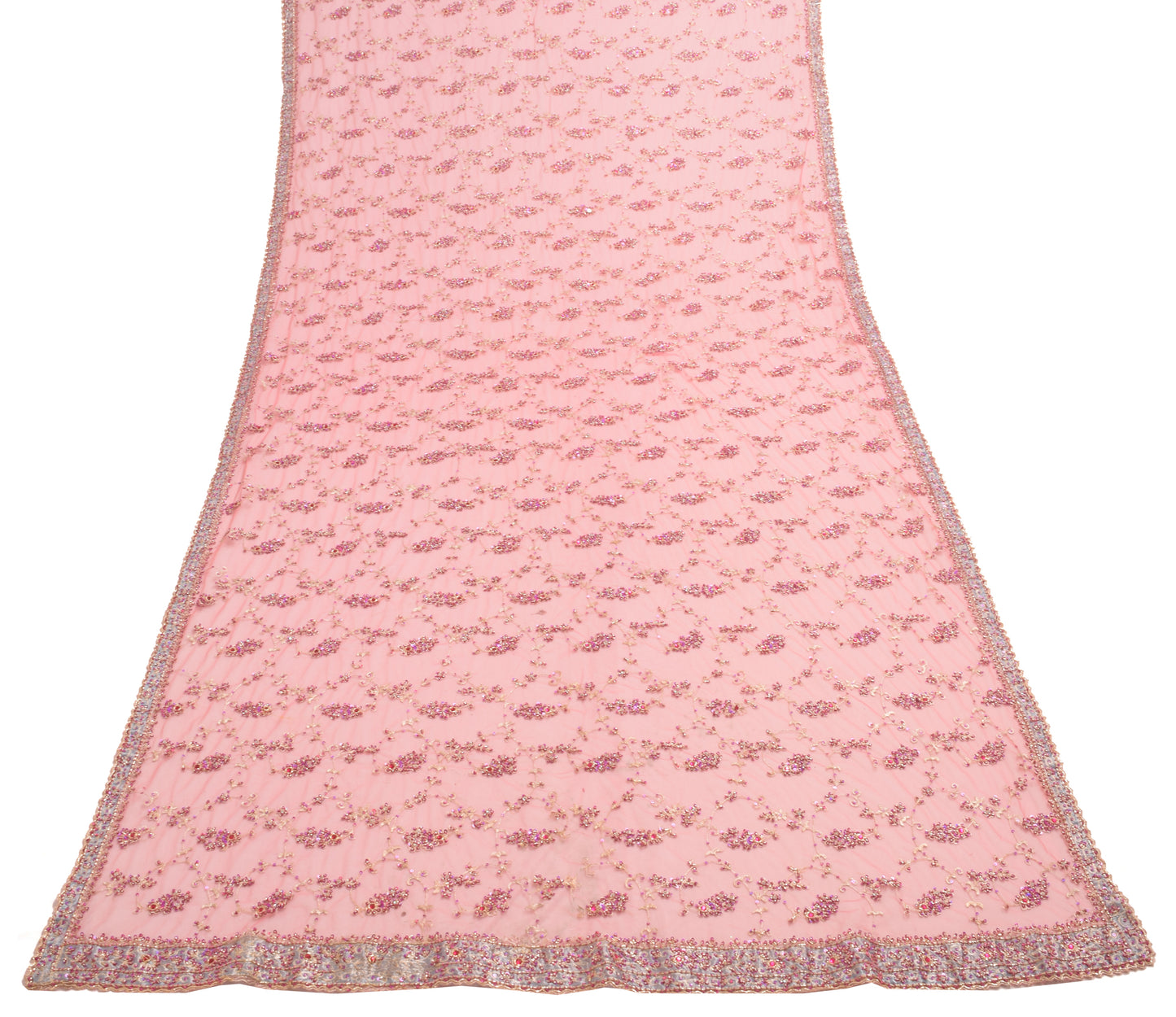 Sushila Vintage Pink Floral Heavy Dupatta Net Mesh Hand Beaded Long Stole Wrap