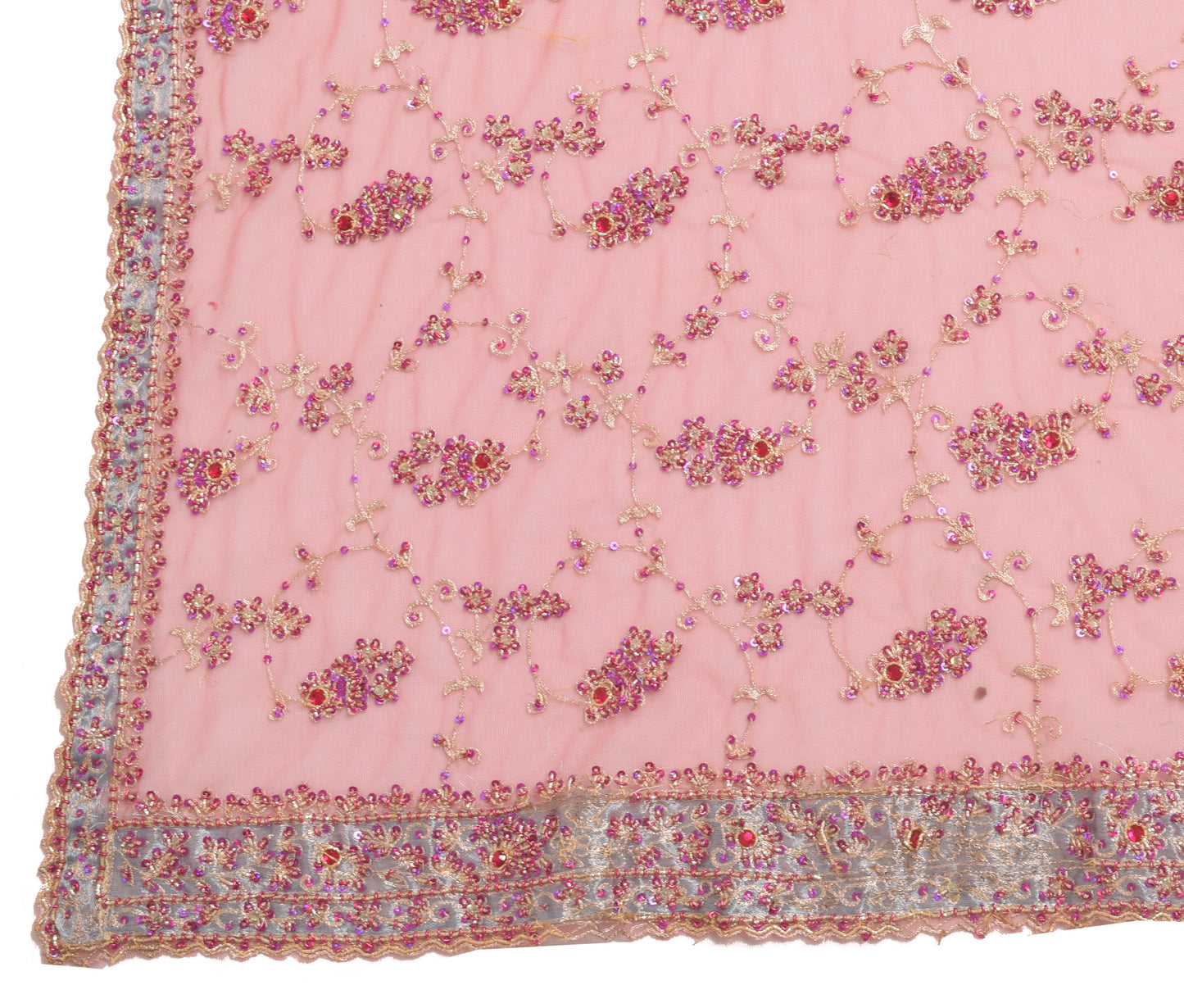 Sushila Vintage Pink Floral Heavy Dupatta Net Mesh Hand Beaded Long Stole Wrap