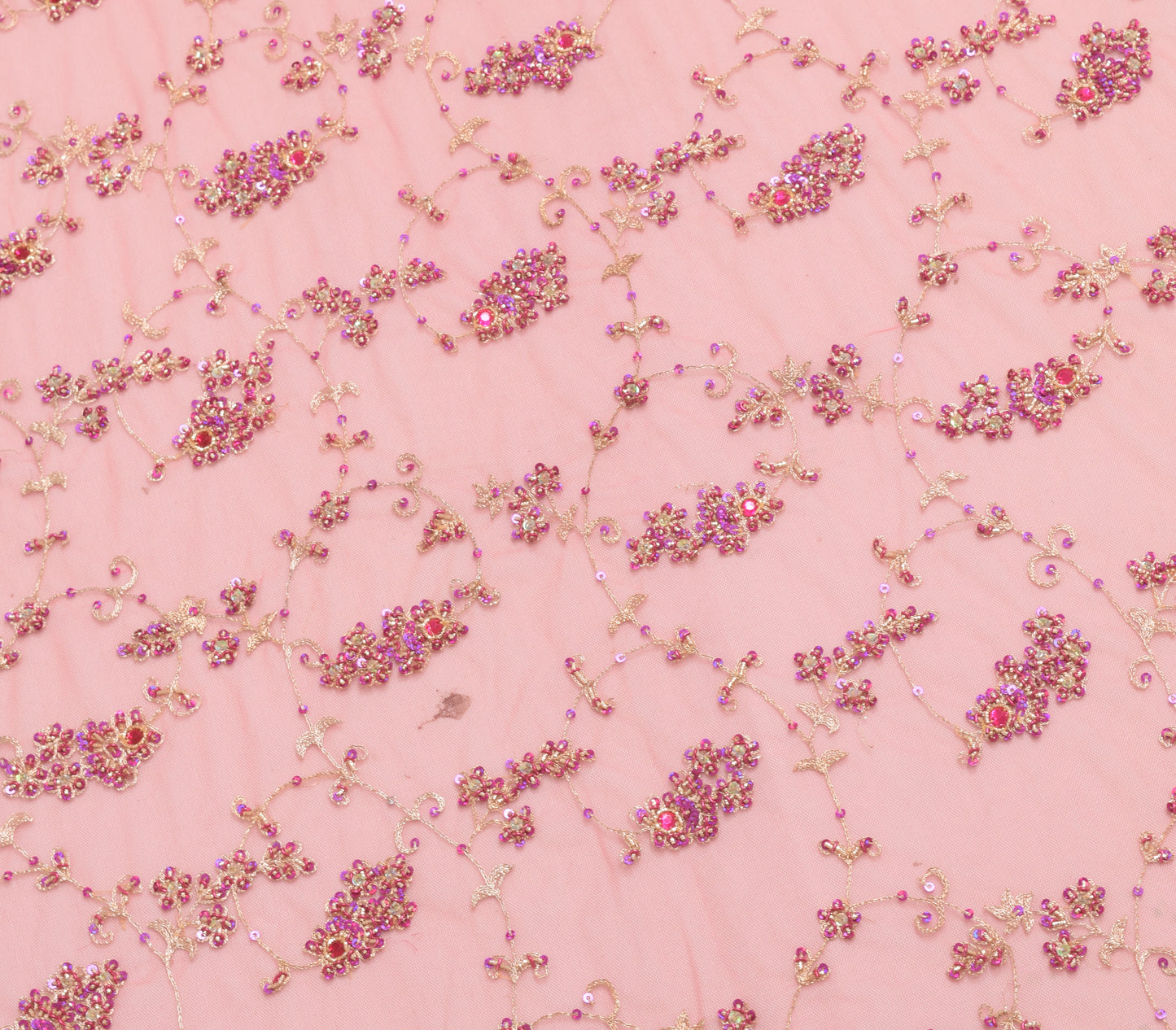 Sushila Vintage Pink Floral Heavy Dupatta Net Mesh Hand Beaded Long Stole Wrap