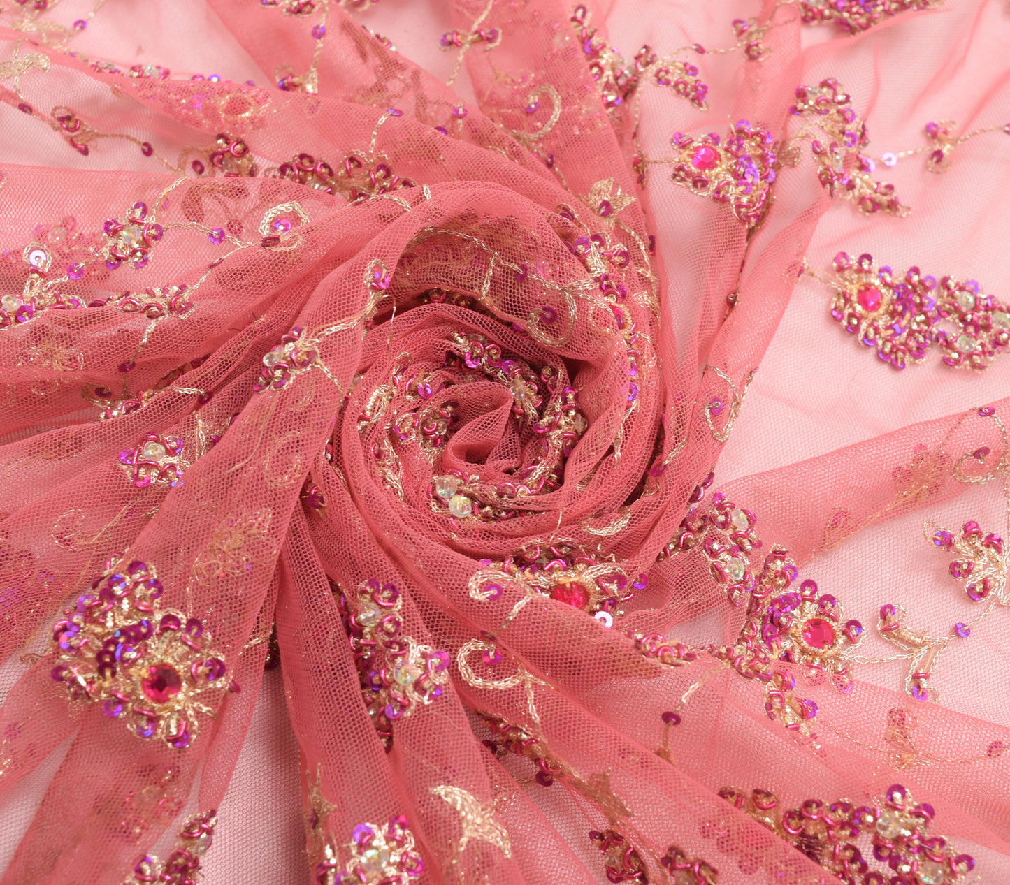 Sushila Vintage Pink Floral Heavy Dupatta Net Mesh Hand Beaded Long Stole Wrap