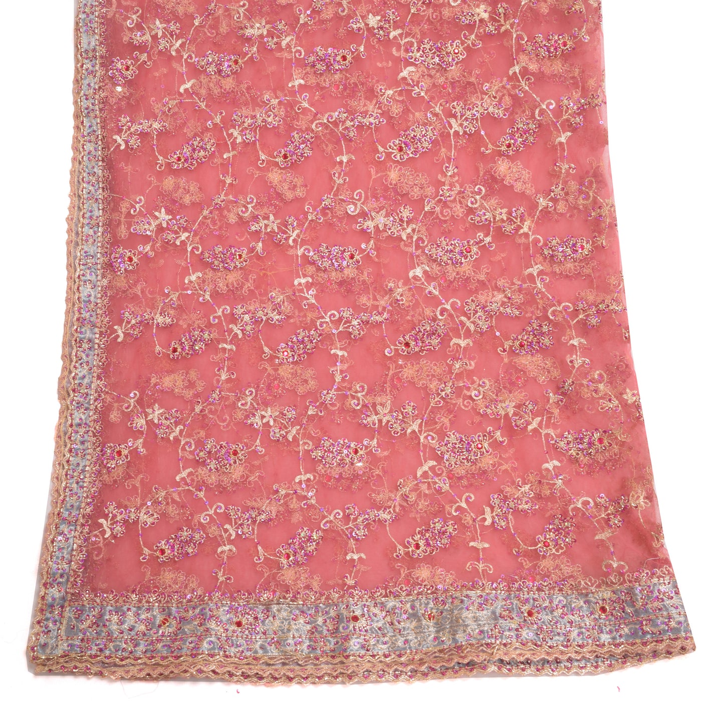 Sushila Vintage Pink Floral Heavy Dupatta Net Mesh Hand Beaded Long Stole Wrap