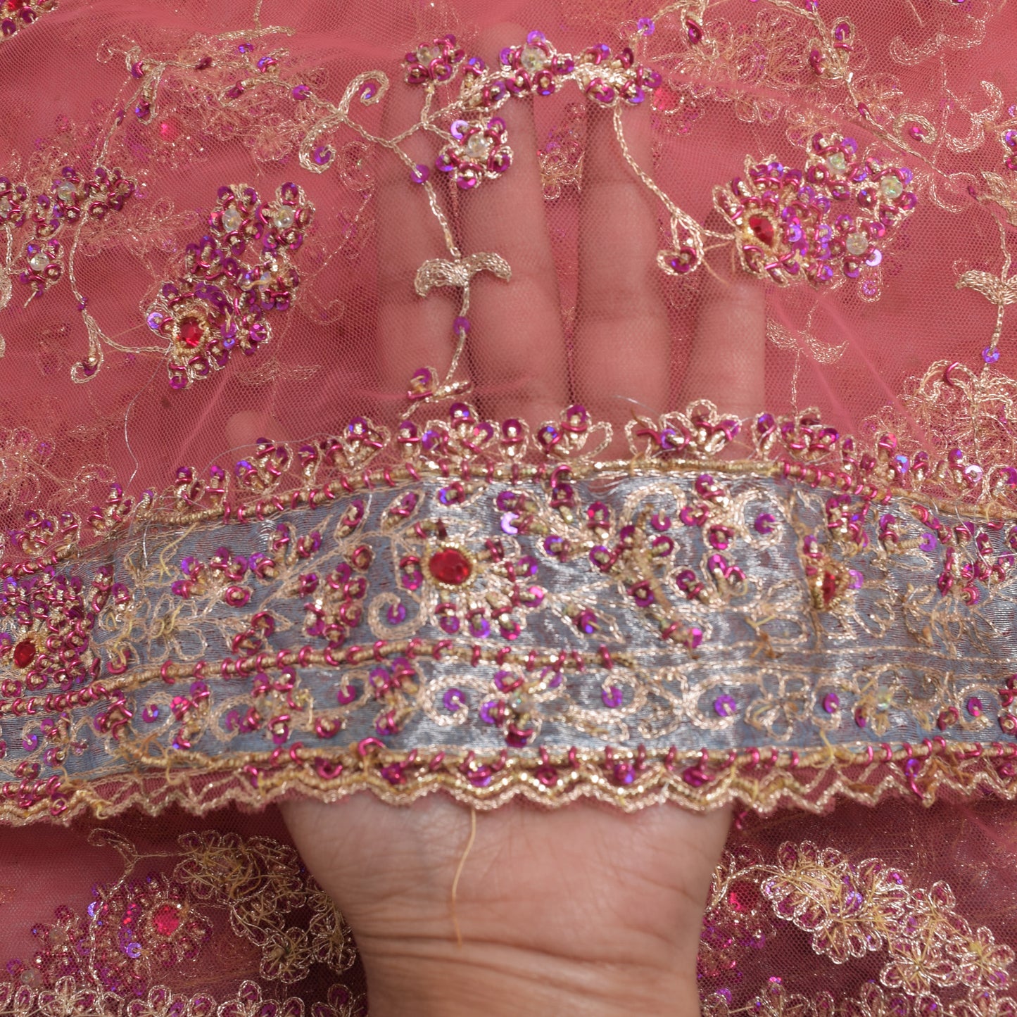 Sushila Vintage Pink Floral Heavy Dupatta Net Mesh Hand Beaded Long Stole Wrap