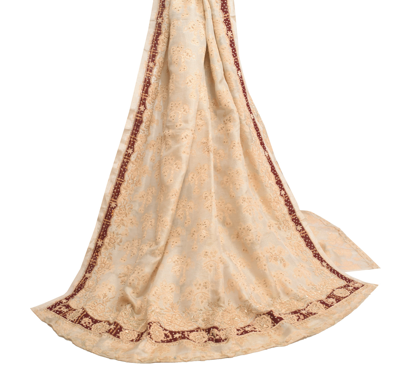 Sushila Vintage Beige Hand Beaded Heavy Dupatta Blend Tissue Floral Long Stole