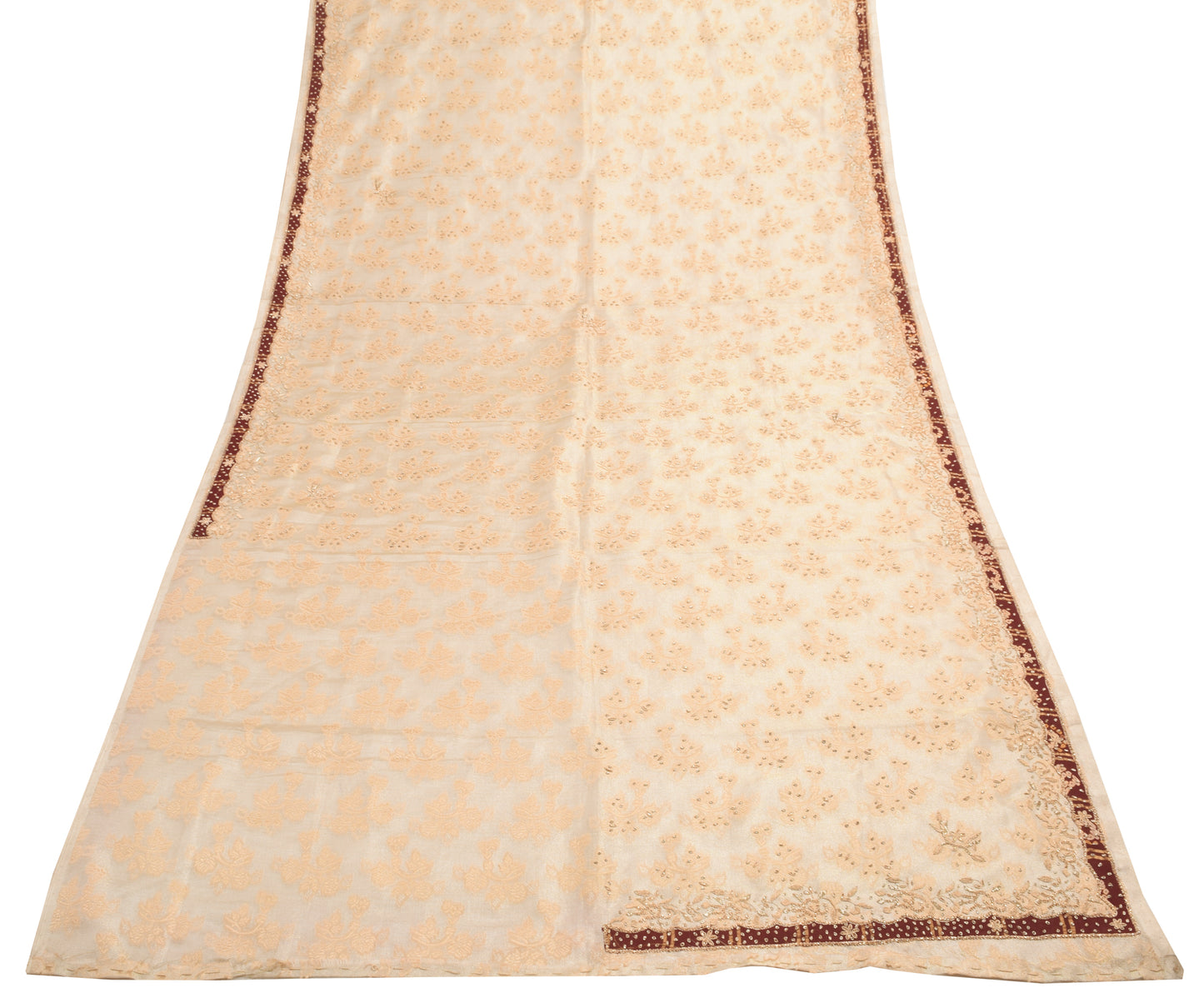 Sushila Vintage Beige Hand Beaded Heavy Dupatta Blend Tissue Floral Long Stole