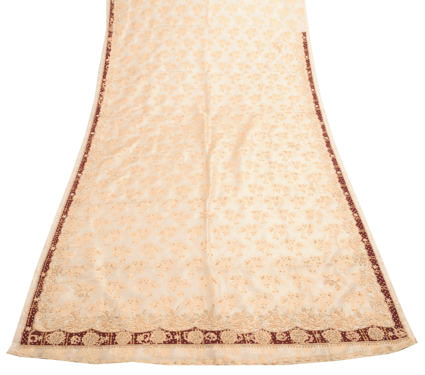 Sushila Vintage Beige Hand Beaded Heavy Dupatta Blend Tissue Floral Long Stole