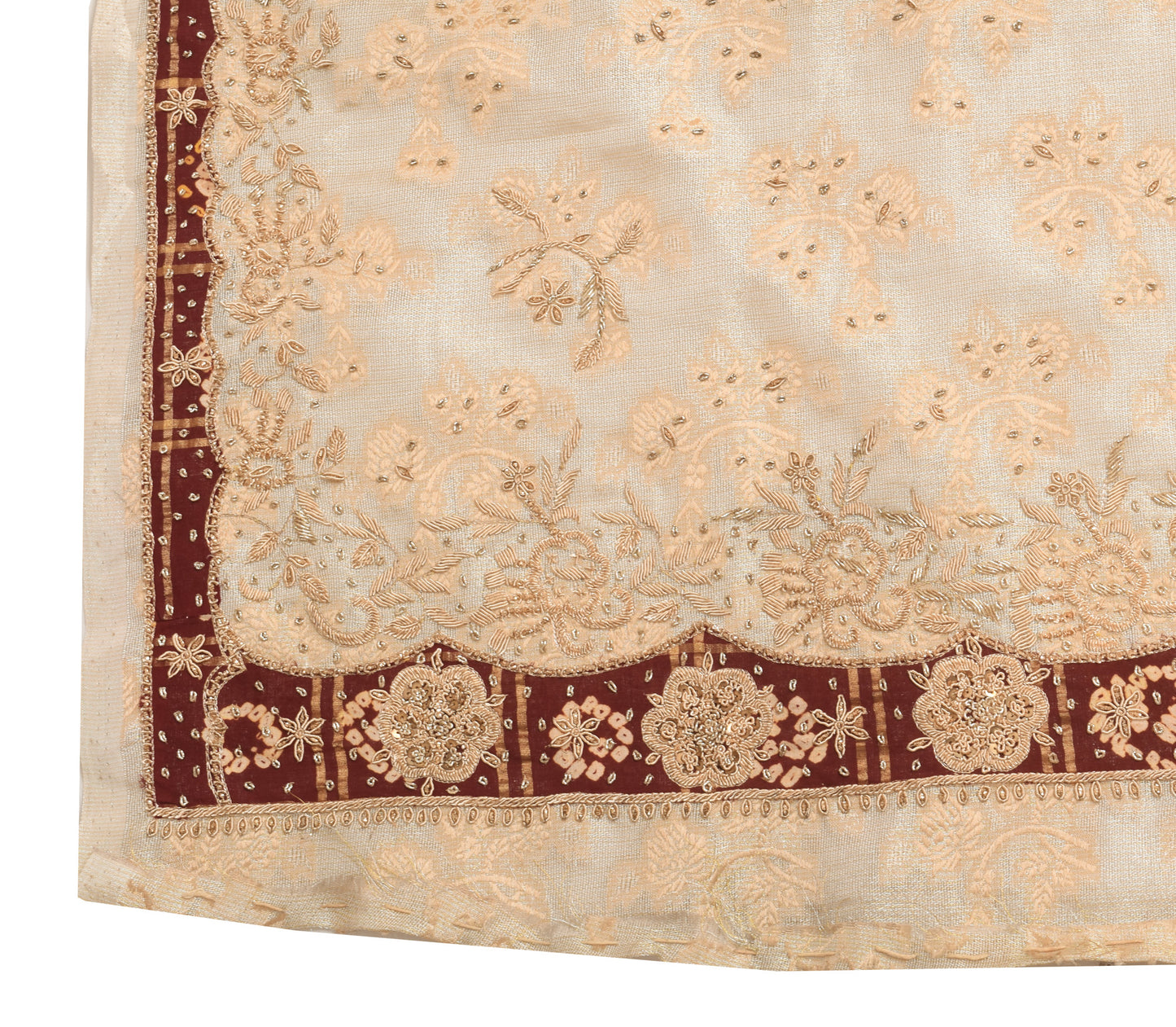 Sushila Vintage Beige Hand Beaded Heavy Dupatta Blend Tissue Floral Long Stole