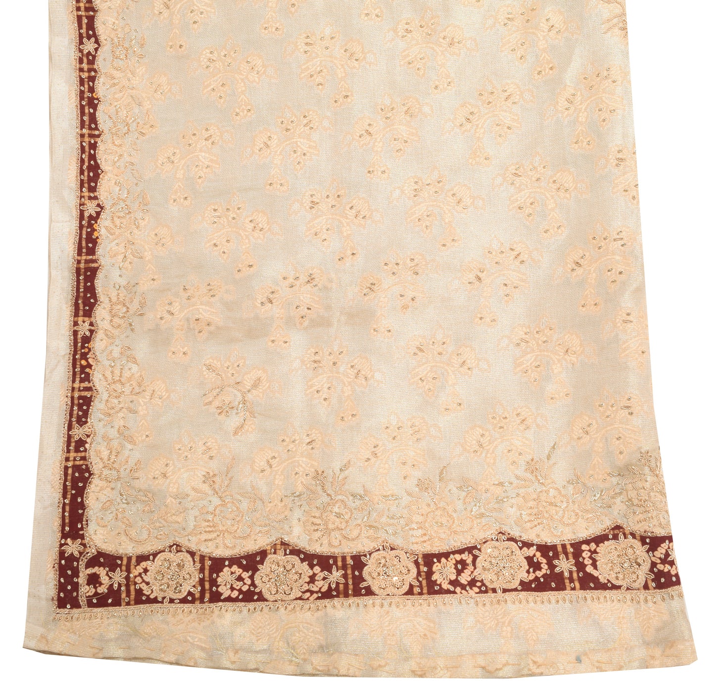 Sushila Vintage Beige Hand Beaded Heavy Dupatta Blend Tissue Floral Long Stole
