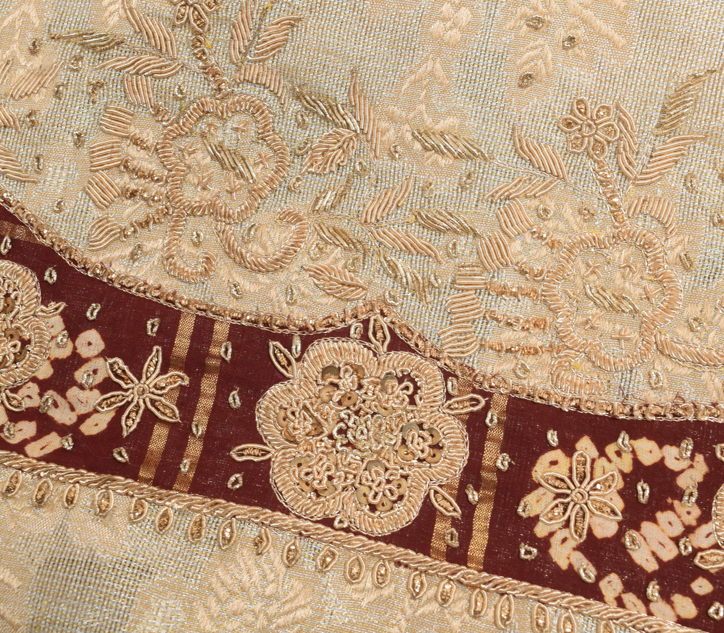 Sushila Vintage Beige Hand Beaded Heavy Dupatta Blend Tissue Floral Long Stole