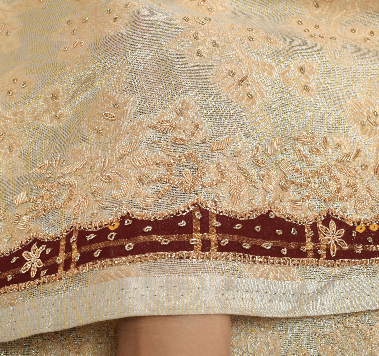 Sushila Vintage Beige Hand Beaded Heavy Dupatta Blend Tissue Floral Long Stole