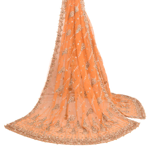 Sushila Vintage Orange Hand Beaded Ethnic Heavy Dupatta Floral Net Long Stole