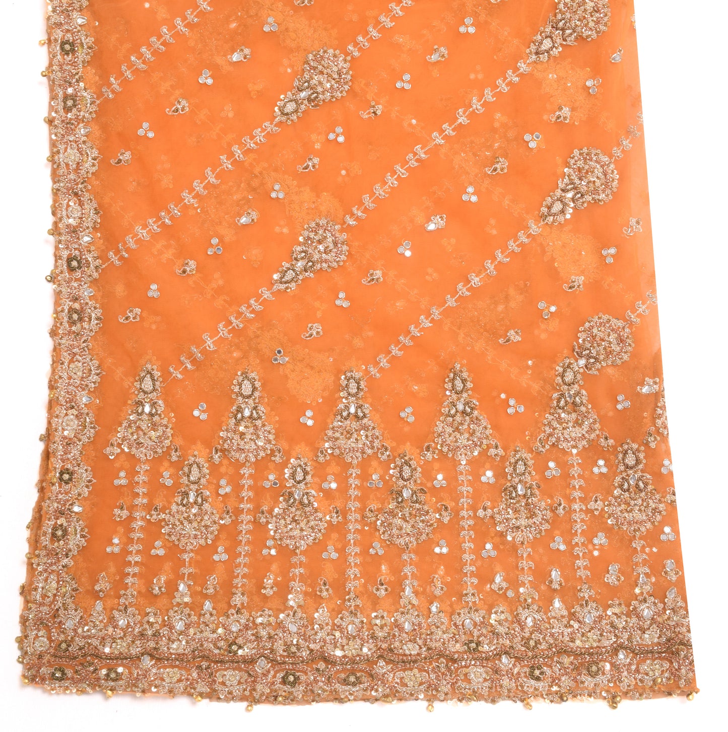 Sushila Vintage Orange Hand Beaded Ethnic Heavy Dupatta Floral Net Long Stole