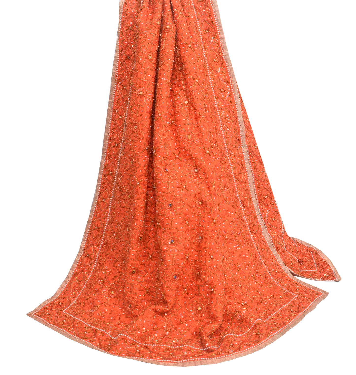 Sushila Vintage Dark Orange 100% Pure Silk Heavy Dupatta Hand Beaded Long Stole