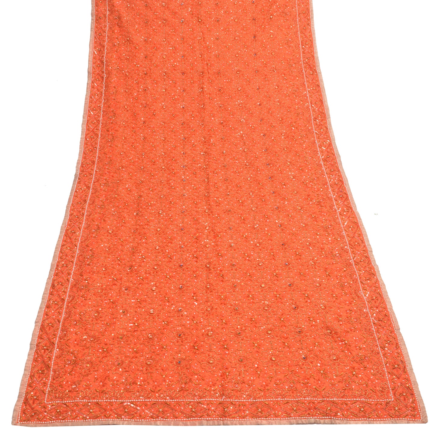Sushila Vintage Dark Orange 100% Pure Silk Heavy Dupatta Hand Beaded Long Stole
