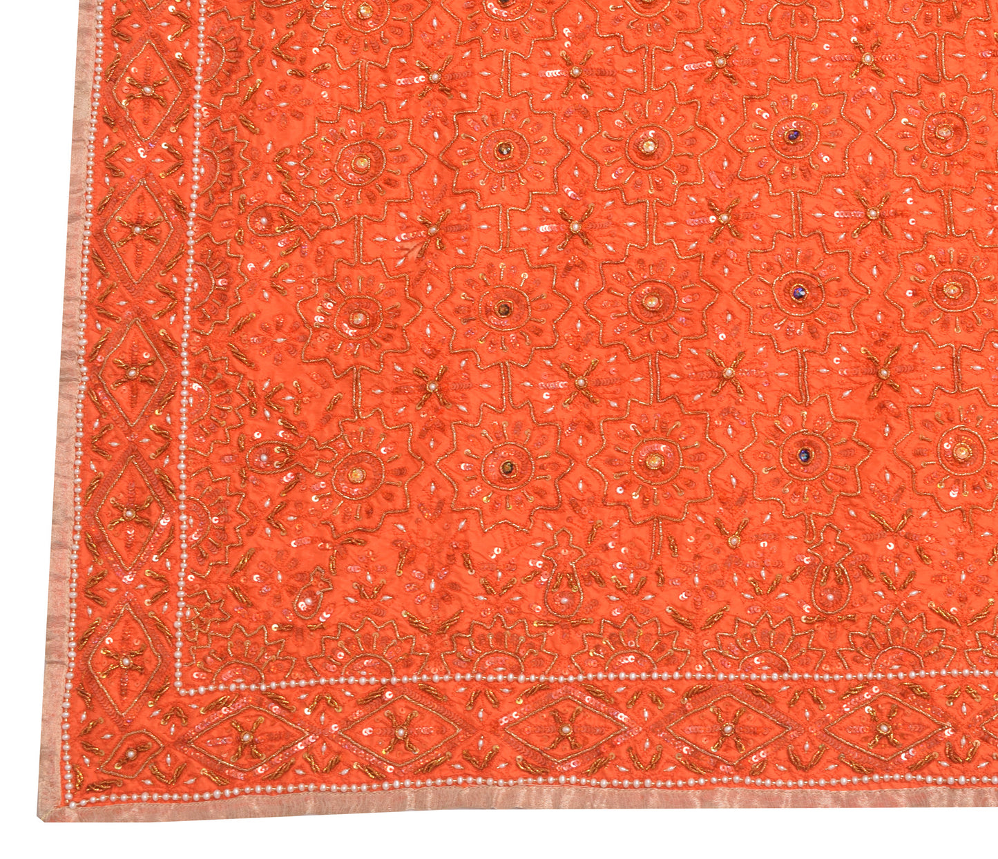 Sushila Vintage Dark Orange 100% Pure Silk Heavy Dupatta Hand Beaded Long Stole