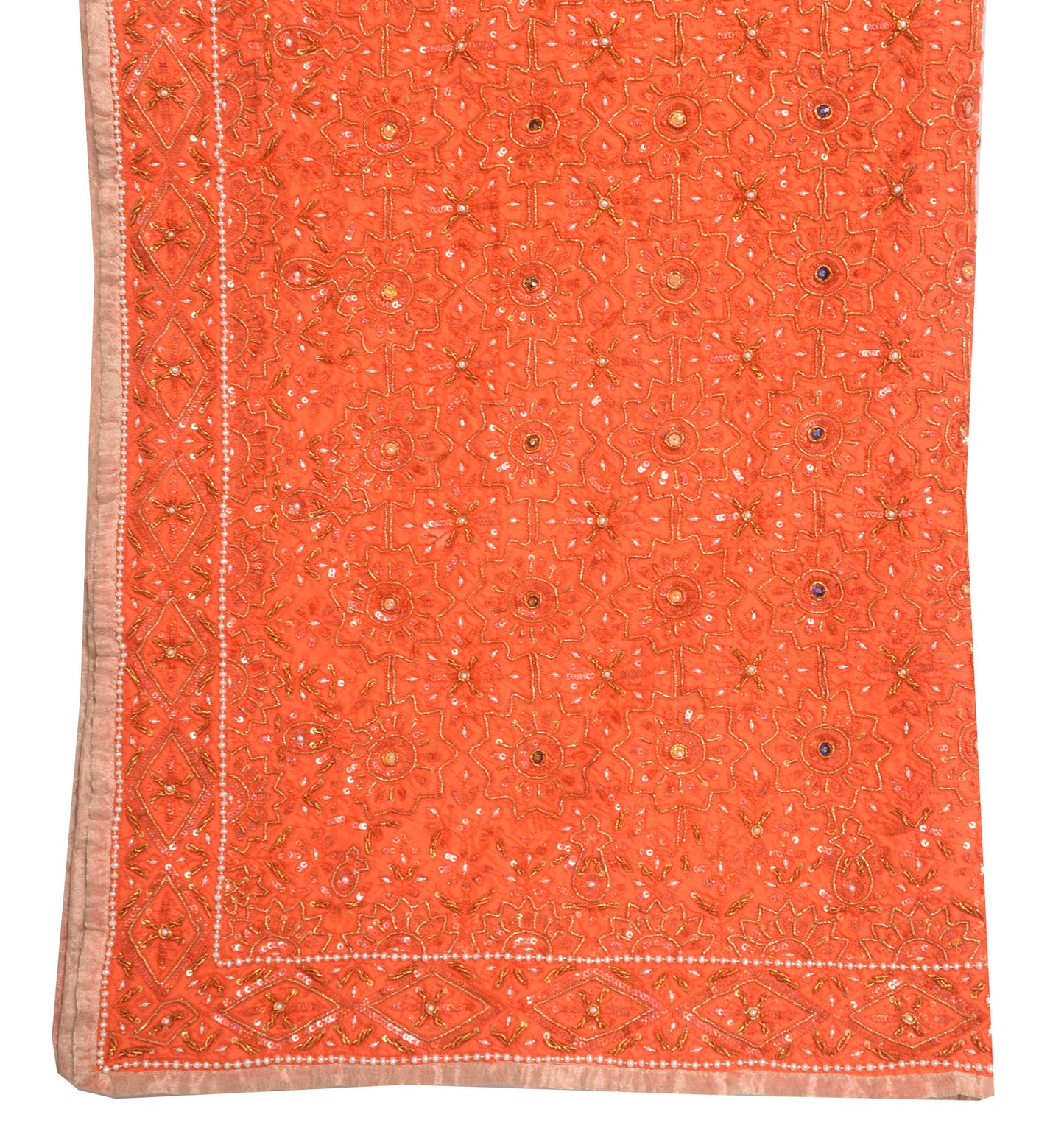 Sushila Vintage Dark Orange 100% Pure Silk Heavy Dupatta Hand Beaded Long Stole