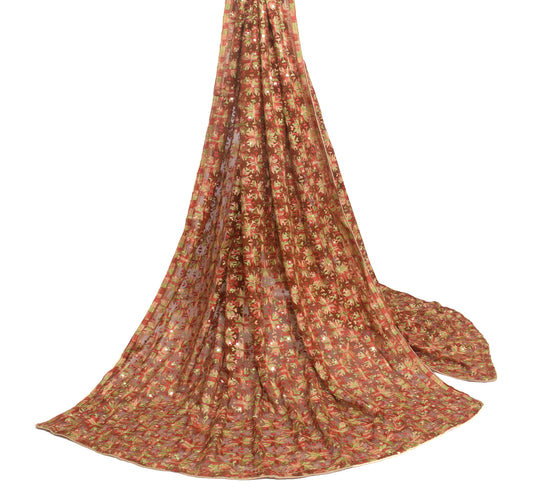 Sushila Vintage Brown Chiffon Silk Dupatta Phulkari Embroidered Long Stole Veil