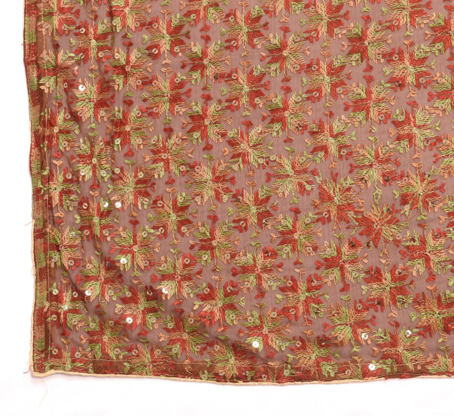 Sushila Vintage Brown Chiffon Silk Dupatta Phulkari Embroidered Long Stole Veil
