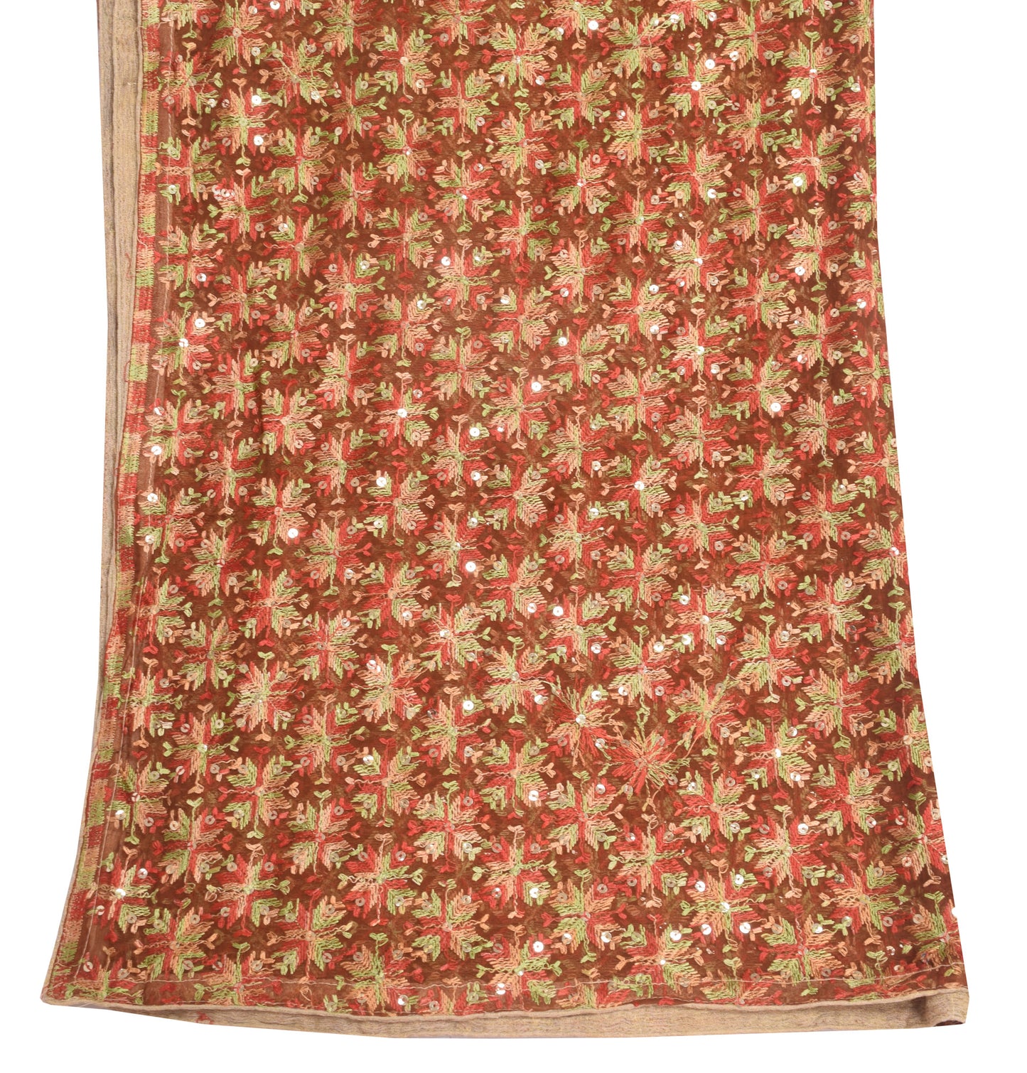 Sushila Vintage Brown Chiffon Silk Dupatta Phulkari Embroidered Long Stole Veil
