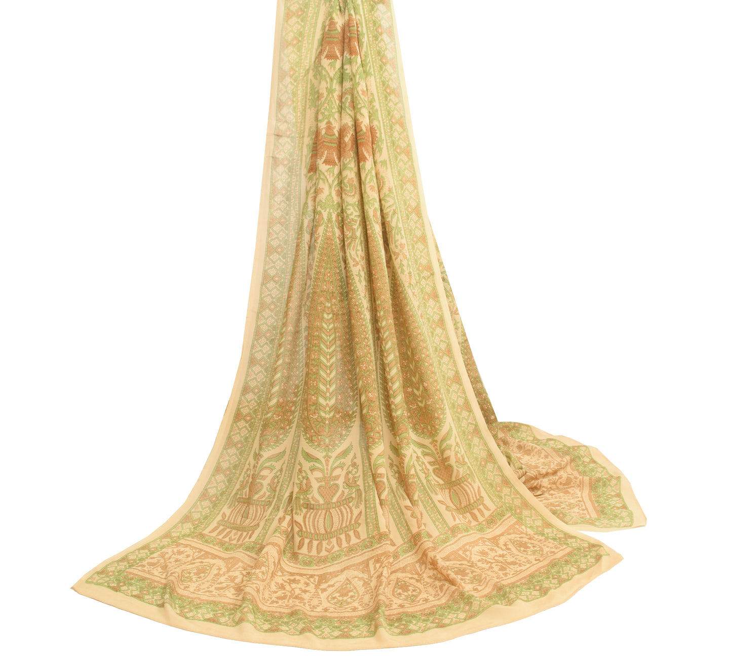Sushila Vintage Cream Floral Dupatta 100%Pure Crepe Silk Printed Long Stole Wrap
